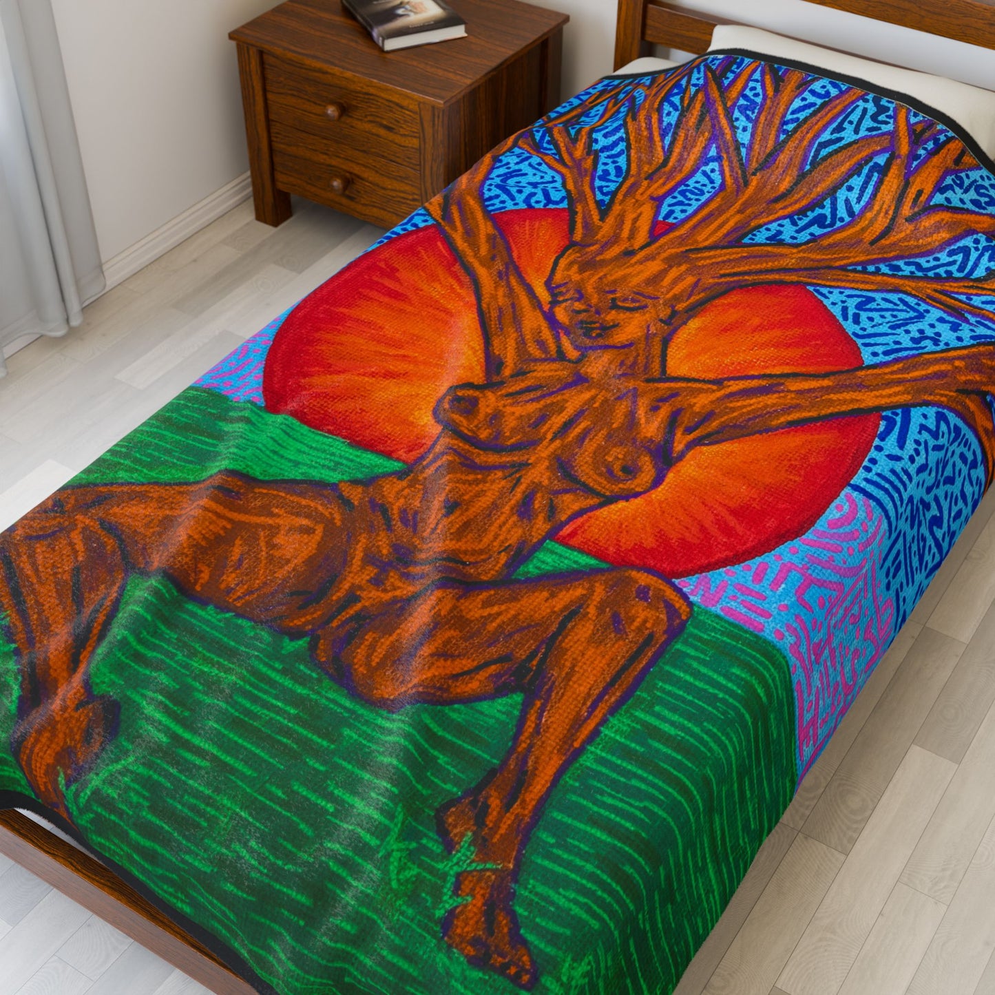 “Tree Lady Dancing in the Sunset” – Velveteen Plush Blanket Original Art Reproduction by carms.art | Soul Love & Renewed Peace's Artistic Velveteen Plush Blanket, Cozy Decor, Unique Gift, Home Comfort, Tree Design, Warm Throw