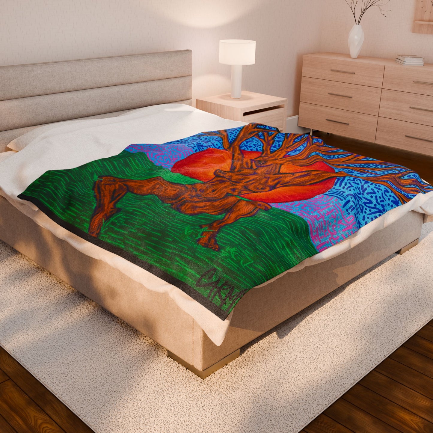 “Tree Lady Dancing in the Sunset” – Velveteen Plush Blanket Original Art Reproduction by carms.art | Soul Love & Renewed Peace's Artistic Velveteen Plush Blanket, Cozy Decor, Unique Gift, Home Comfort, Tree Design, Warm Throw