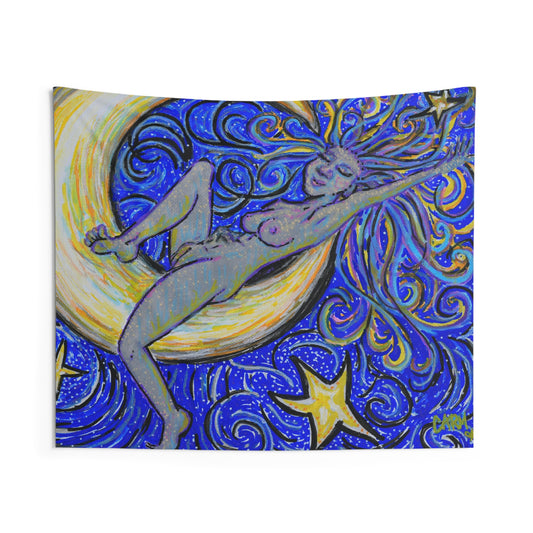 "Moon Lounger" Tapestry by carms.art of Soul Love & Renewed Peace's; Whimsical Moon Goddess Tapestry, Boho Wall Hanging, Celestial Home Decor, Unique Room Accent, Starry Night Art, Gift for Dreamers