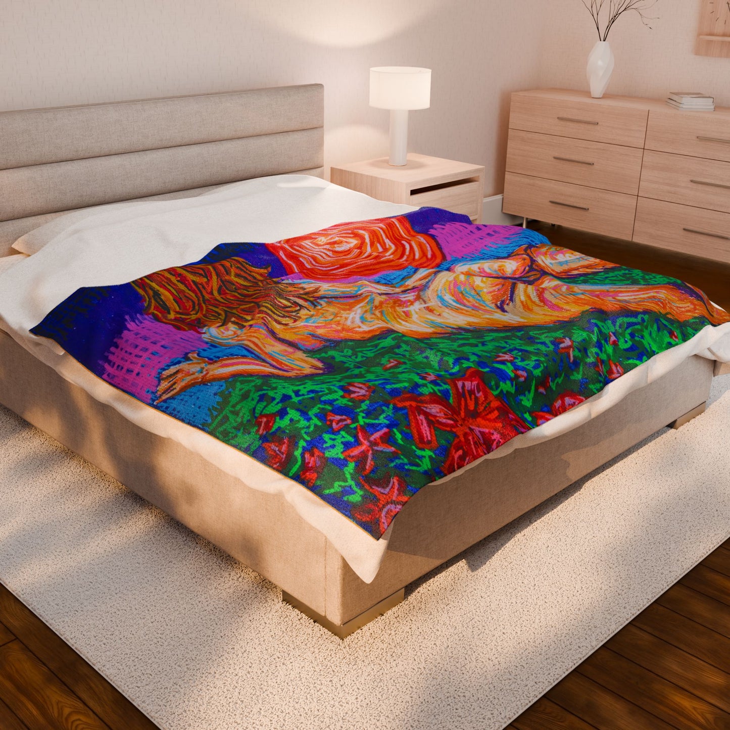 “Free in the Flower Fields” – Velveteen Throw Blanket Original Art Reproduction by carms.art of Soul Love & Renewed Peace's. Vibrant Art Plush Blanket - Cozy Gift for Art Lovers, Home Décor, Festival Blanket, Warm Throw for Relaxation
