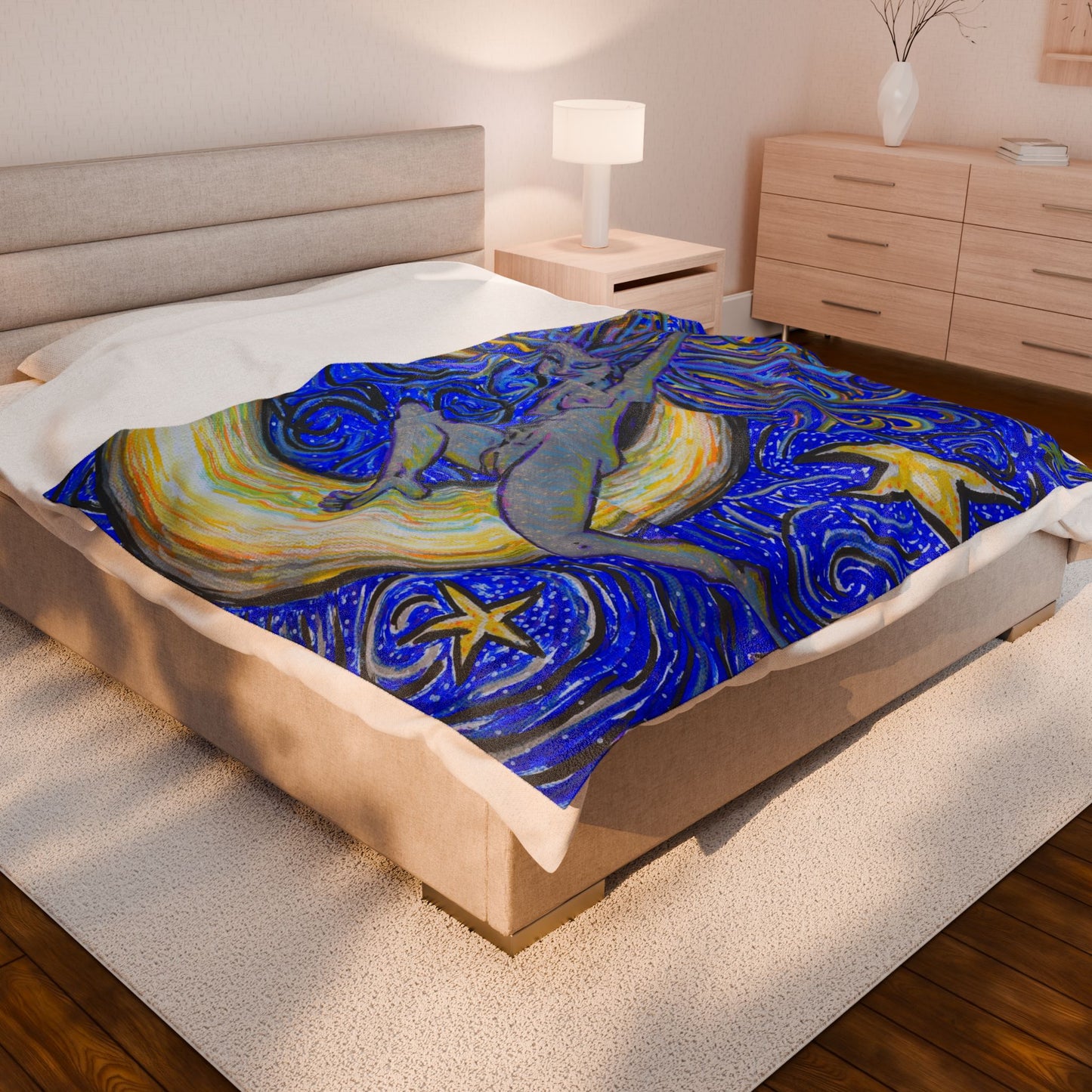 "Moon Lounger" Velveteen Plush Blanket Art Reproduction by carms.art of Soul Love & Renewed Peace's, Original Art Blanket, Empowered in Serene Comfort