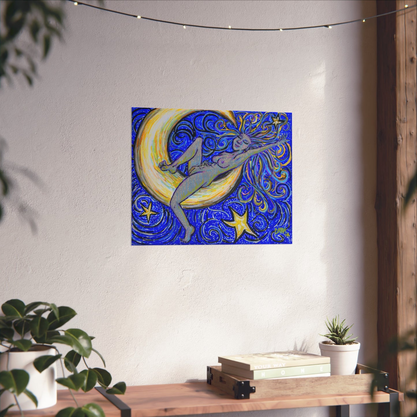 "Moon Lounger" by carms.art of Soul Love & Renewed Peace's; Fine Art Posters, Celestial Moon Decor, Starry Night Wall Art, Bohemian Room Decor, Gift for Art Lovers