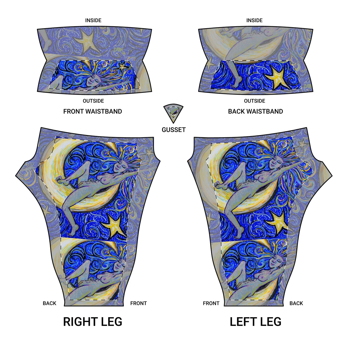 "Moon Lounger" by carms.art of Soul Love & Renewed Peace's, Dreamy Blue Yoga Pants, Women's Leggings, Festival Attire, Yoga Outfit, Fitness Gift, Activewear, Bohemian Style, Comfort clothes