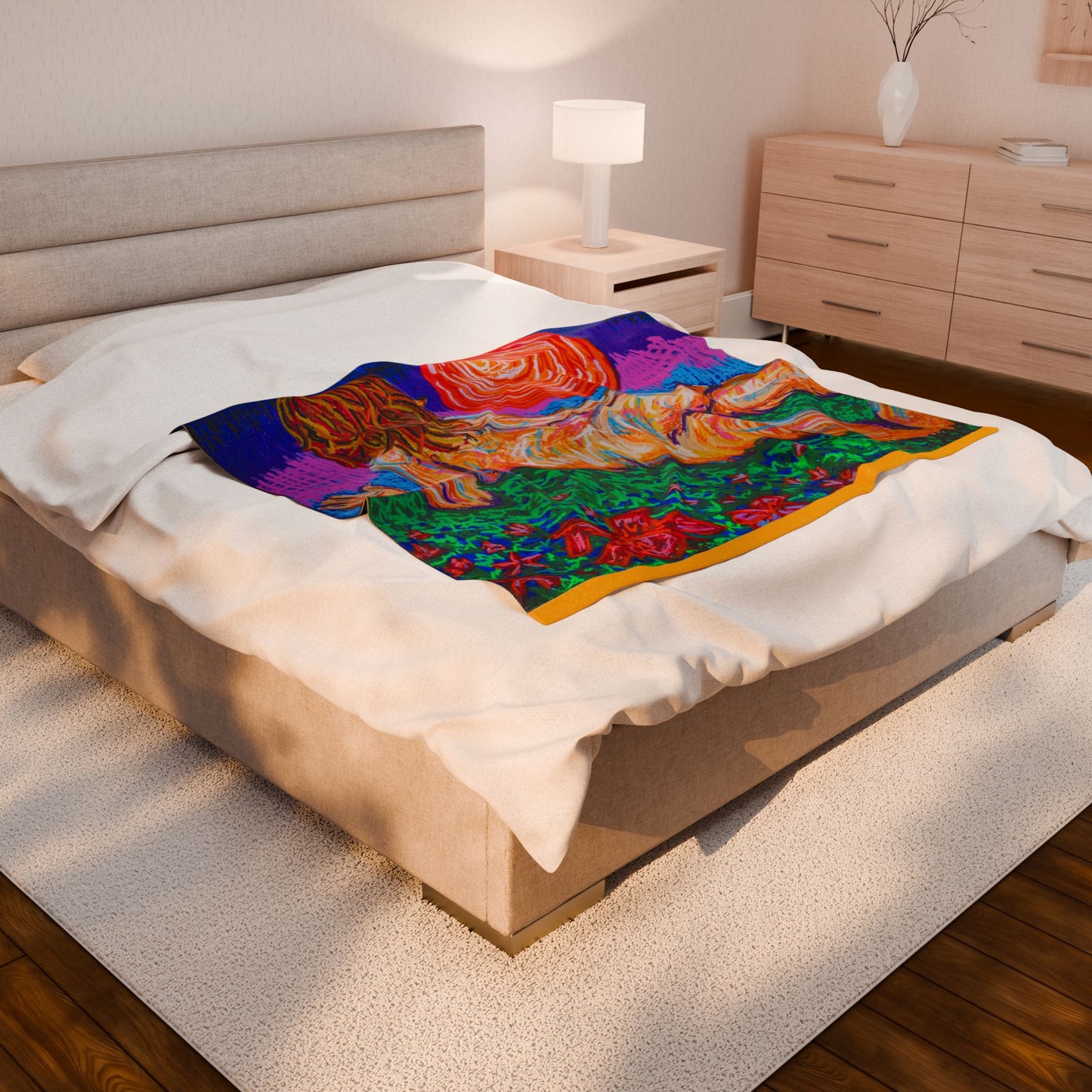 “Free in the Flower Fields” – Velveteen Throw Blanket Original Art Reproduction by carms.art of Soul Love & Renewed Peace's. Vibrant Art Plush Blanket - Cozy Gift for Art Lovers, Home Décor, Festival Blanket, Warm Throw for Relaxation