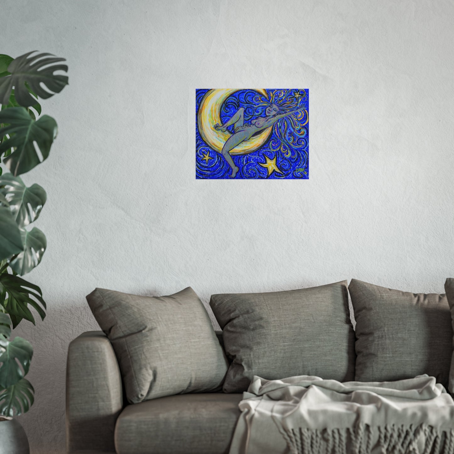 "Moon Lounger" by carms.art of Soul Love & Renewed Peace's; Fine Art Posters, Celestial Moon Decor, Starry Night Wall Art, Bohemian Room Decor, Gift for Art Lovers