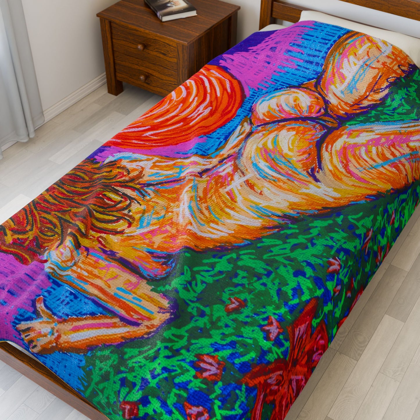 “Free in the Flower Fields” – Velveteen Throw Blanket Original Art Reproduction by carms.art of Soul Love & Renewed Peace's. Vibrant Art Plush Blanket - Cozy Gift for Art Lovers, Home Décor, Festival Blanket, Warm Throw for Relaxation