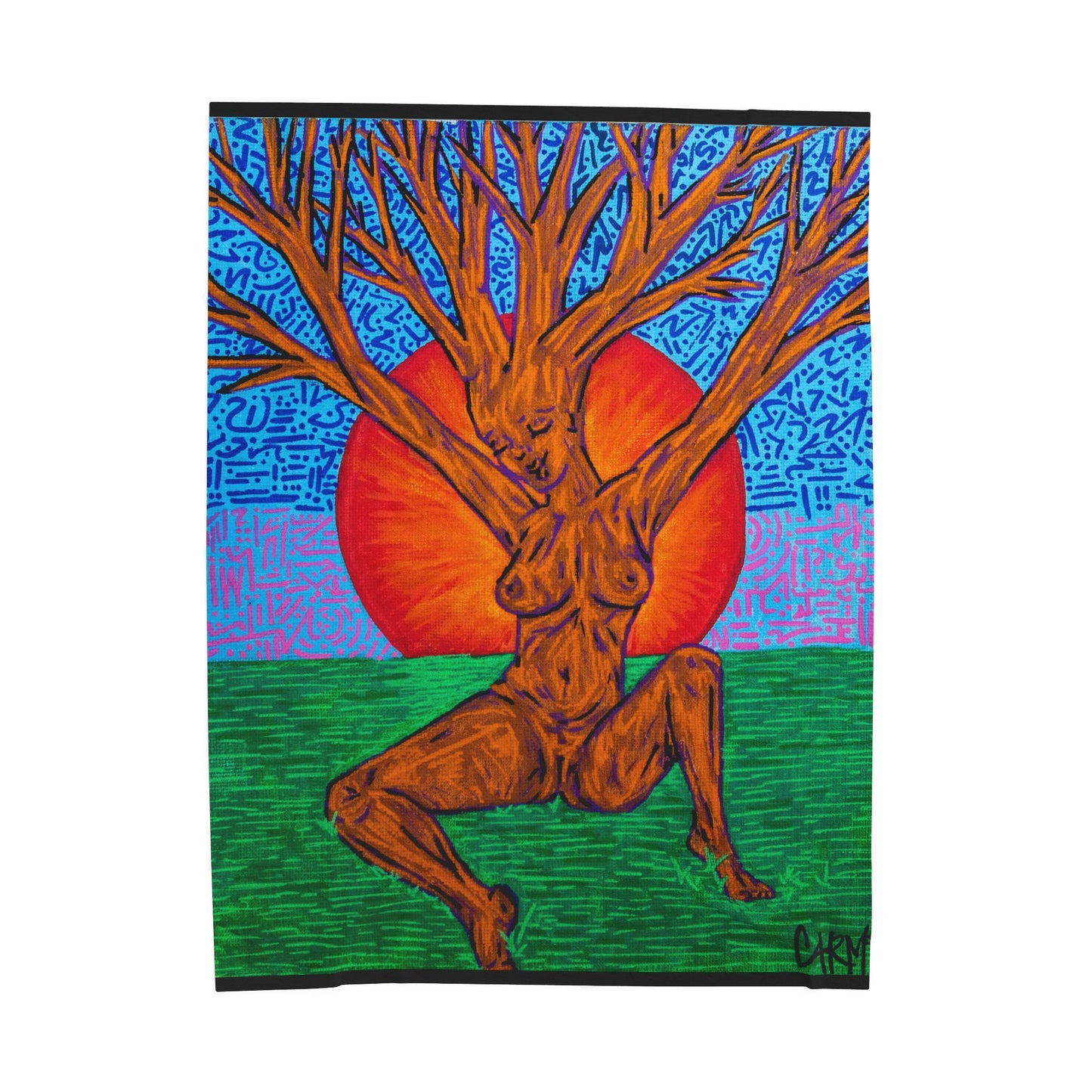 “Tree Lady Dancing in the Sunset” – Velveteen Plush Blanket Original Art Reproduction by carms.art | Soul Love & Renewed Peace's Artistic Velveteen Plush Blanket, Cozy Decor, Unique Gift, Home Comfort, Tree Design, Warm Throw
