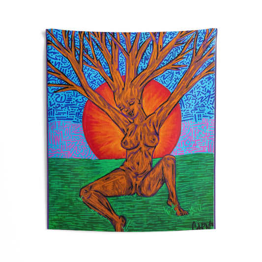 "Tree Lady Dancing in the Sunset" by carms.art of Soul Love & Renewed Peace's. Original Art Tapestry. Earthy Tree Goddess Wall Tapestry, Bohemian Home Decor, Nature Wall Art, Meditation Space Accent, Living Room Decoration