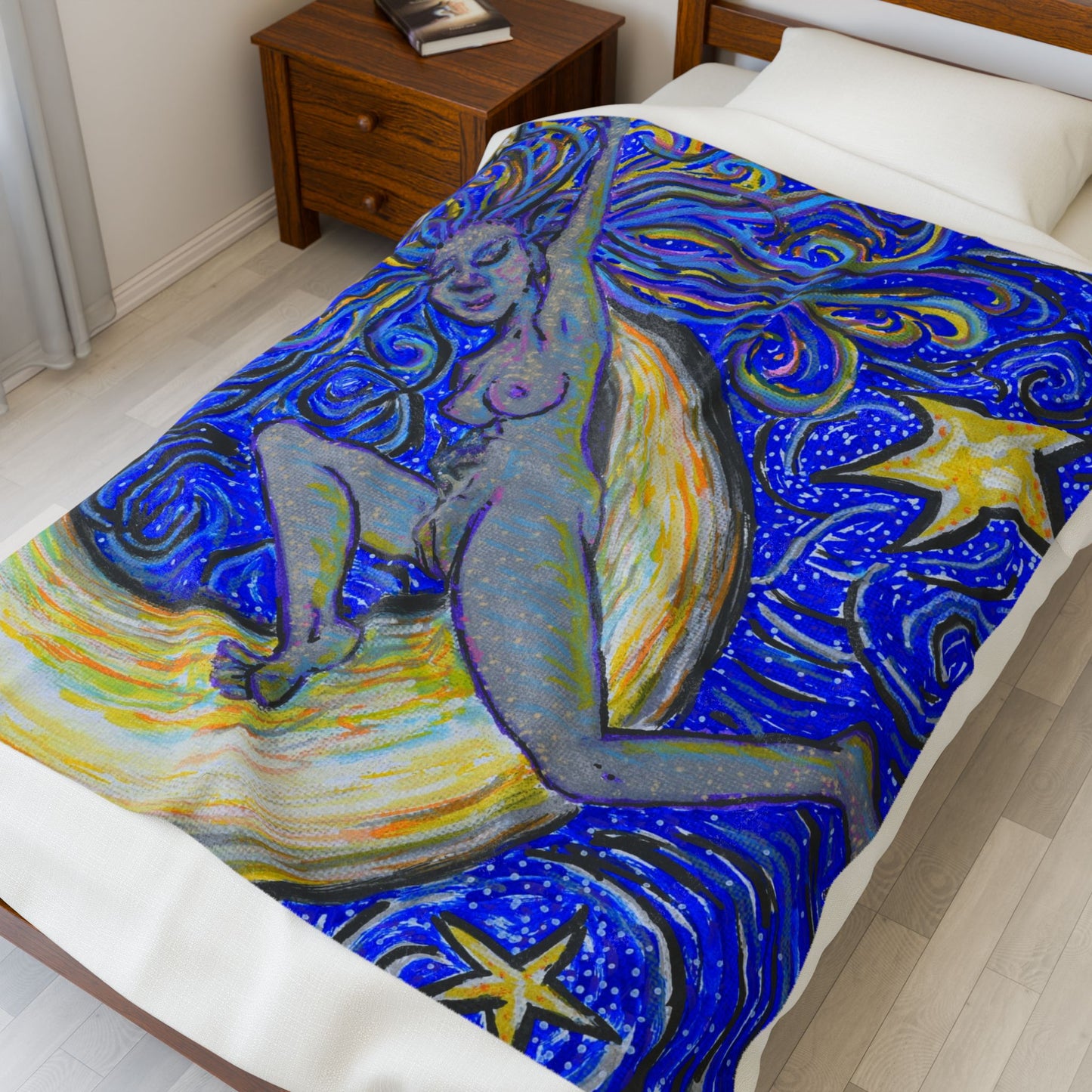 "Moon Lounger" Velveteen Plush Blanket Art Reproduction by carms.art of Soul Love & Renewed Peace's, Original Art Blanket, Empowered in Serene Comfort