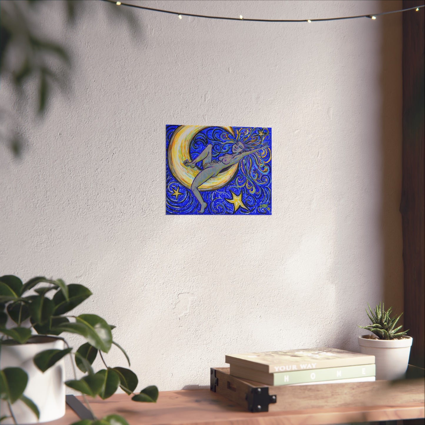 "Moon Lounger" by carms.art of Soul Love & Renewed Peace's; Fine Art Posters, Celestial Moon Decor, Starry Night Wall Art, Bohemian Room Decor, Gift for Art Lovers
