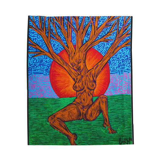 “Tree Lady Dancing in the Sunset” – Velveteen Plush Blanket Original Art Reproduction by carms.art | Soul Love & Renewed Peace's Artistic Velveteen Plush Blanket, Cozy Decor, Unique Gift, Home Comfort, Tree Design, Warm Throw