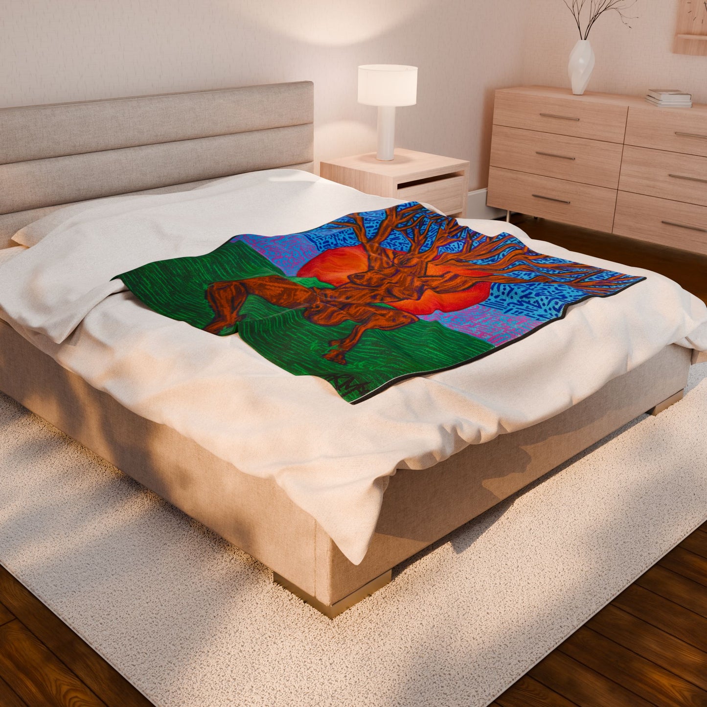 “Tree Lady Dancing in the Sunset” – Velveteen Plush Blanket Original Art Reproduction by carms.art | Soul Love & Renewed Peace's Artistic Velveteen Plush Blanket, Cozy Decor, Unique Gift, Home Comfort, Tree Design, Warm Throw