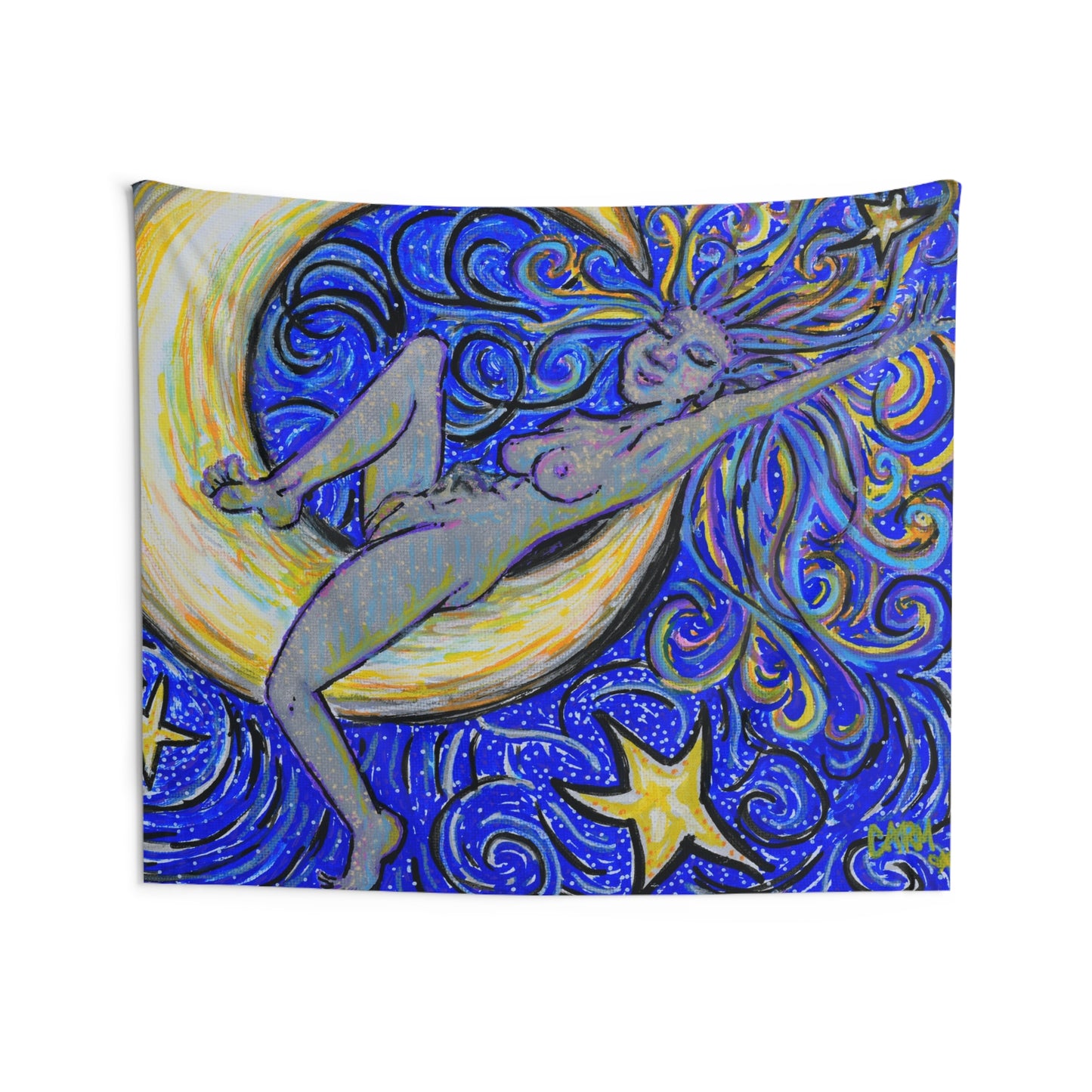 "Moon Lounger" Tapestry by carms.art of Soul Love & Renewed Peace's; Whimsical Moon Goddess Tapestry, Boho Wall Hanging, Celestial Home Decor, Unique Room Accent, Starry Night Art, Gift for Dreamers