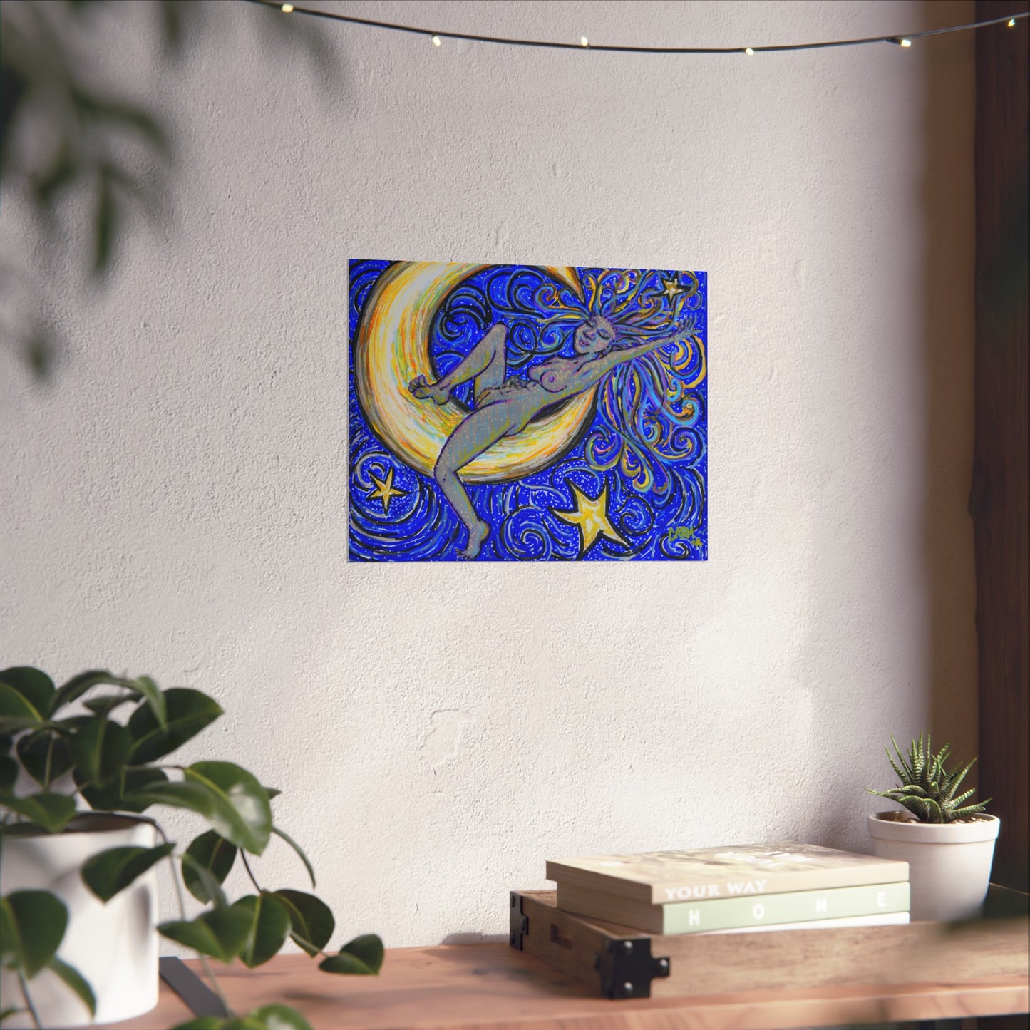 "Moon Lounger" by carms.art of Soul Love & Renewed Peace's; Fine Art Posters, Celestial Moon Decor, Starry Night Wall Art, Bohemian Room Decor, Gift for Art Lovers