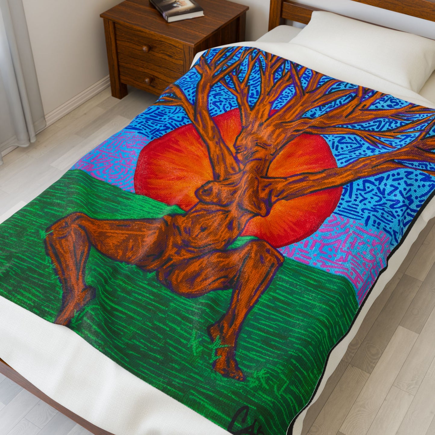 “Tree Lady Dancing in the Sunset” – Velveteen Plush Blanket Original Art Reproduction by carms.art | Soul Love & Renewed Peace's Artistic Velveteen Plush Blanket, Cozy Decor, Unique Gift, Home Comfort, Tree Design, Warm Throw