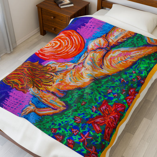 “Free in the Flower Fields” – Velveteen Throw Blanket Original Art Reproduction by carms.art of Soul Love & Renewed Peace's. Vibrant Art Plush Blanket - Cozy Gift for Art Lovers, Home Décor, Festival Blanket, Warm Throw for Relaxation