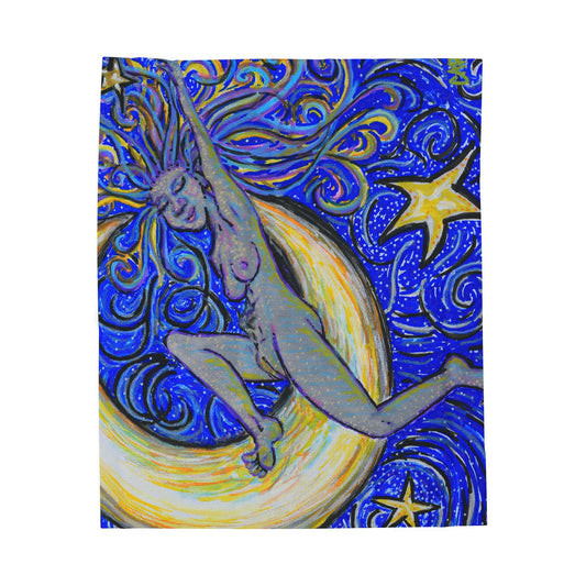 "Moon Lounger" Velveteen Plush Blanket Art Reproduction by carms.art of Soul Love & Renewed Peace's, Original Art Blanket, Empowered in Serene Comfort