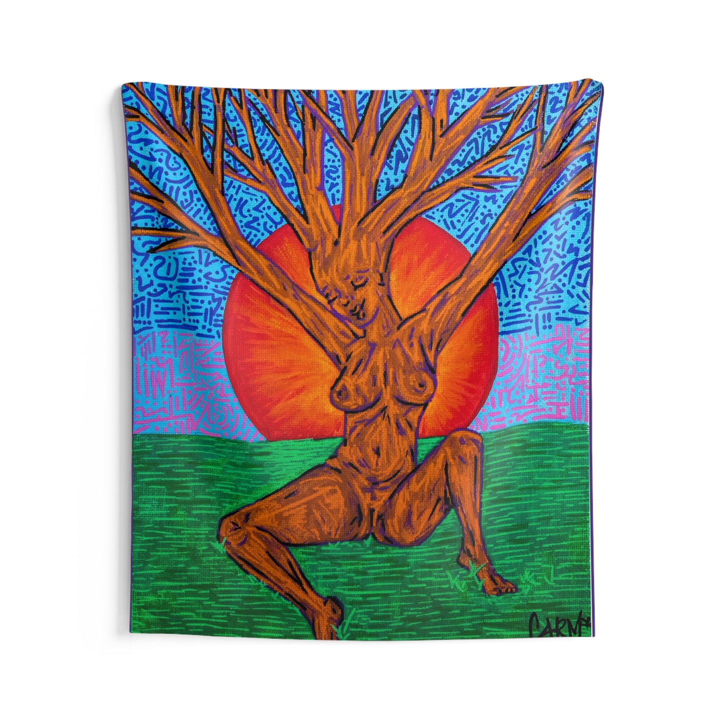 "Tree Lady Dancing in the Sunset" by carms.art of Soul Love & Renewed Peace's. Original Art Tapestry. Earthy Tree Goddess Wall Tapestry, Bohemian Home Decor, Nature Wall Art, Meditation Space Accent, Living Room Decoration