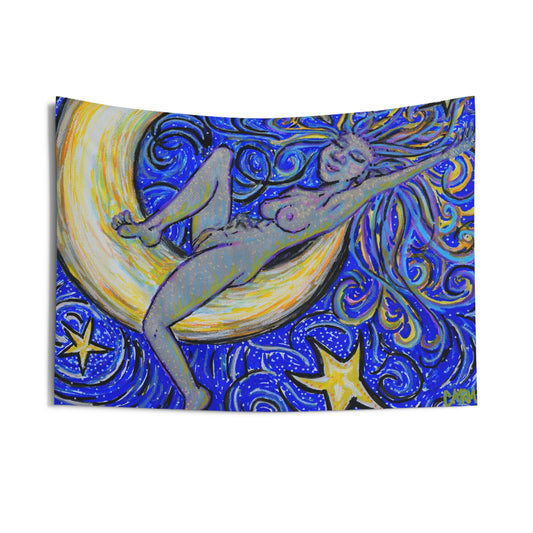 "Moon Lounger" Tapestry by carms.art of Soul Love & Renewed Peace's; Whimsical Moon Goddess Tapestry, Boho Wall Hanging, Celestial Home Decor, Unique Room Accent, Starry Night Art, Gift for Dreamers